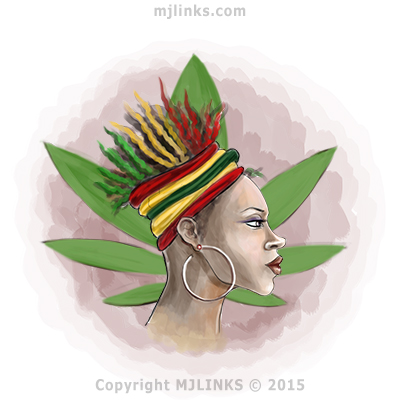 African Woman wearing Rastafari colors upon marijuana leaf